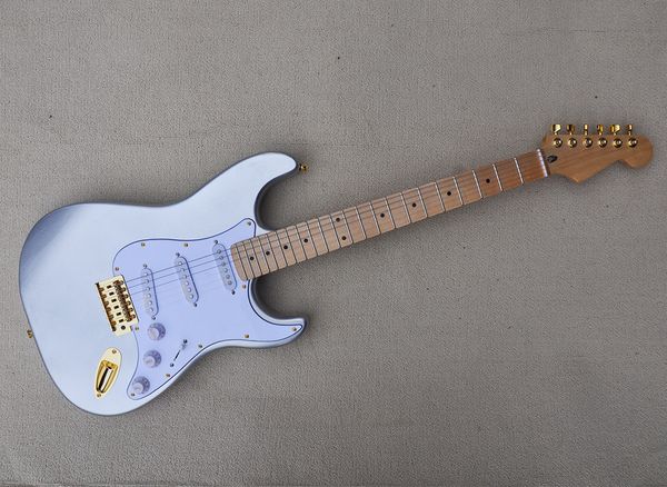 

6 strings metal silver electric guitar with maple fretboard sss pickups gold hardware can be customized