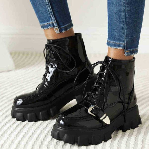 

women boots autumn and winter thick bottom 31 46 front lace up lacquered low tube women's 07091011, Black