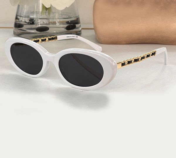 

gold chain leather oval cateye sunglasses for women white grey sunnies sun glasses sonnenbrille shades gafas de sol uv400 eyewear with box, White;black