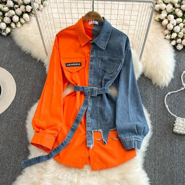 

women's blouses spring shirt 2023 women's vintage outer wear coat female long belted contract color 52, White