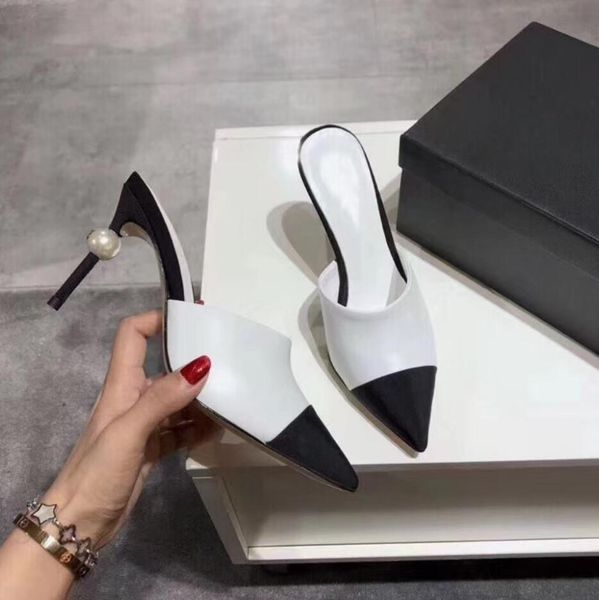 

new style fashion womens slipper summer designer high-heeled shoes color matching pearl sandals classic womens leisure high-heel slippers si, Black