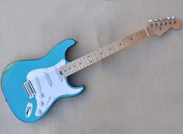

metal blue electric guitar with maple fretboard sss pickups customizable