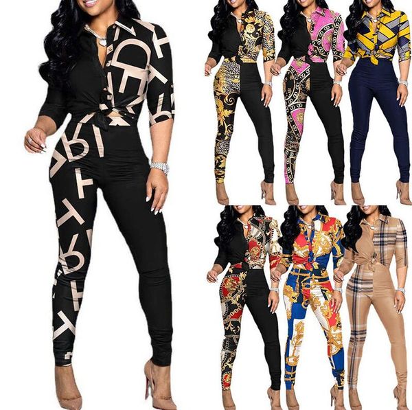 

new casual women's tracksuits suit color-blocking printing long-sleeved lapel shirt casual pants two-piece set slim outfit tracksuit, Gray