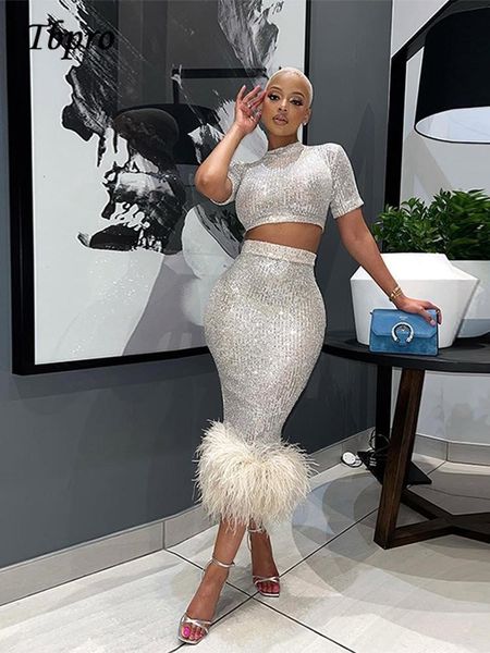 

two piece dress women sequins skirt 2piece set short sleeve slim hemline artificial feather bodycon skirt matching set streetwear 230203, White