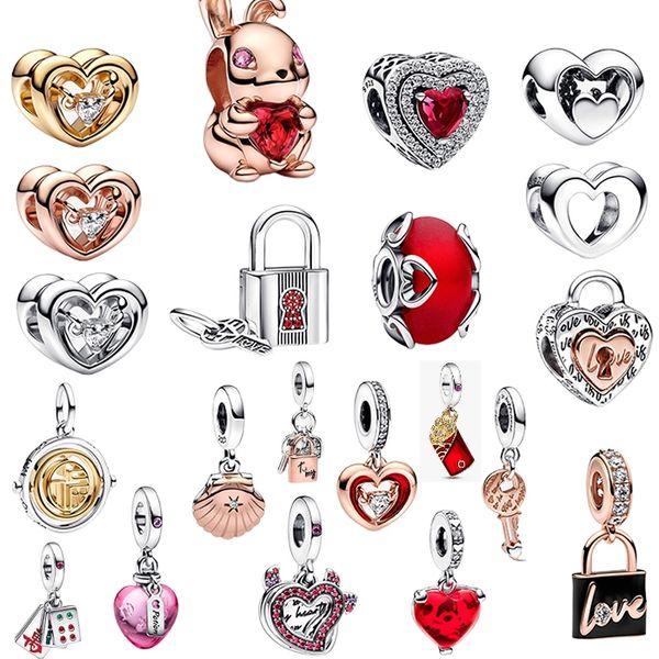 

2023 s925 sterling silver new year and valentine's day series jewelry key padlock heart pendant charms beads fit bracelet diy holiday g, Black