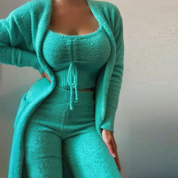 

women's two piece pants soft fuzzy solid women three piece set autumn winter fashion outfits casual plush lace-up vestlong cardigantrou, White