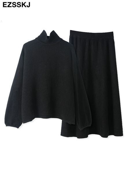 

women's two piece pants 2 pieces sweater set women high-neck sweater midi skirt chic pullover sweater knitted skrit set 230204, White