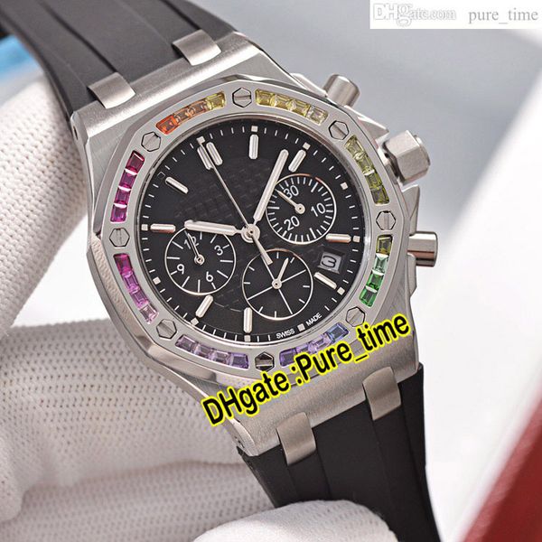 

37mm quartz chronograph womens watch 26236 steel case black texture dial rainbow diamond bezel black rubber strap watches ladies watches pur, Slivery;brown