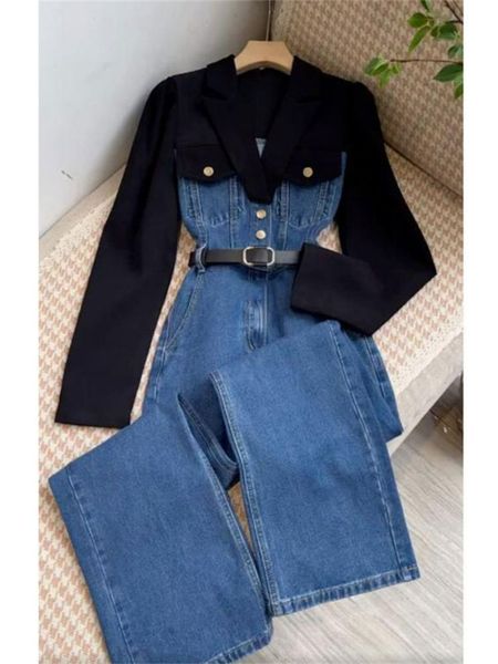 

2023 autumn winter vintage monos mujer elegante romper solid color wide leg jumpsuit women belt slim waist pant bodysuit, Black;white