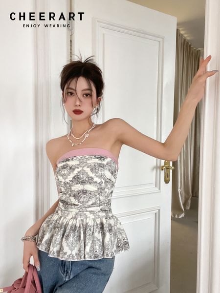 

women's tanks camis cheerart baroque print strapless tube women summer corset peplum vintage backless ruched clothes 230204, White