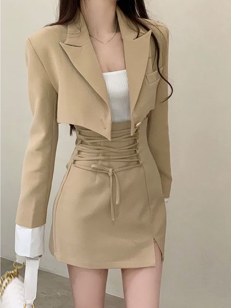 

two piece dress 2 piece dress set women casual y2k crop elegant jacket coats mini skirts korean fashion suits autumn blazers dress 230204, White