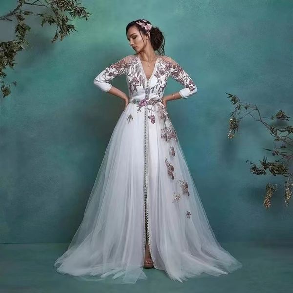 

elegant kaftan arabic v-neck long evening dresses ivory tulle a-line long sleeves formal party gowns rose pink lace applique front slit wome, Black;red