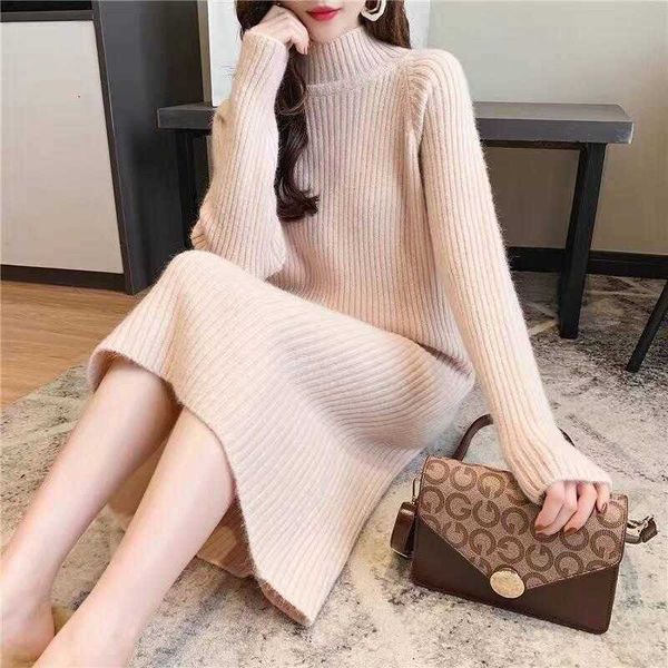 

autumn-winter dresses: women's loose half turtleneck sweater dress, Black;gray