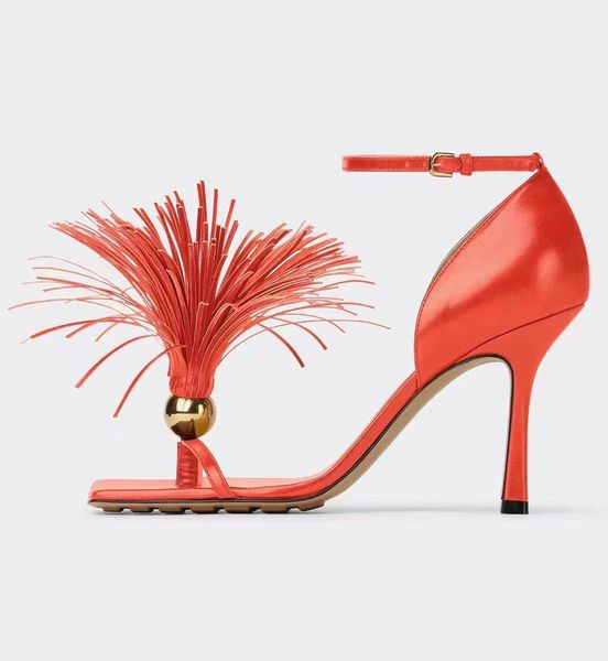 

women's 9cm high heels summer sandals open toe detachable fringe stiletto heel leather designer large size fashion formal wear size 35-, Black