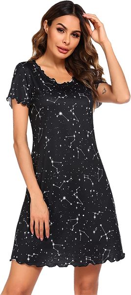 

ekouaer womens sleepshirt short sleeve ruffle seams nightgown soft sleeping shirts loungewear nightshirts, Red;black