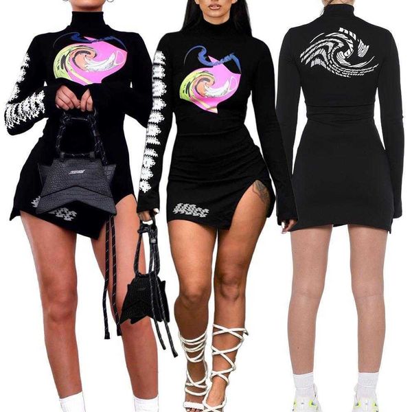 

womens nightclub printed casual dresses letter high neck xl split dress, Black;gray