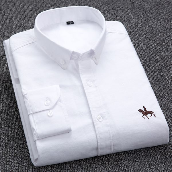 

men's casual shirts 100% cotton oxford shirt men's long sleeve embroidered horse casual without pocket solid yellow dress shirt me, White;black