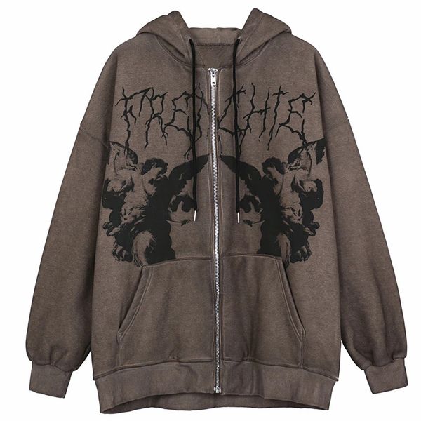 

men's hoodies sweatshirts y2k gothic men vintage angel print aesthetic oversized hoodies loose zip up long sleeve sweatshirt autumn win, Black