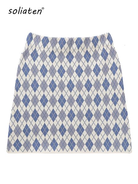 

skirts vintage rhombus plaid knitting mini skirt fashion women high waist bodycon one step sweater skirt jacquard b-007 230204, Black