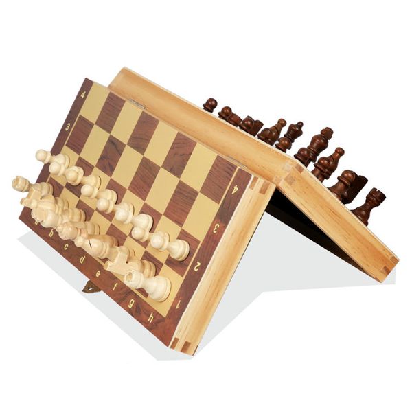 

wooden chess set folding magnetic large board with 34 chess pieces interior for storage portable travel board game set for kid, White;red