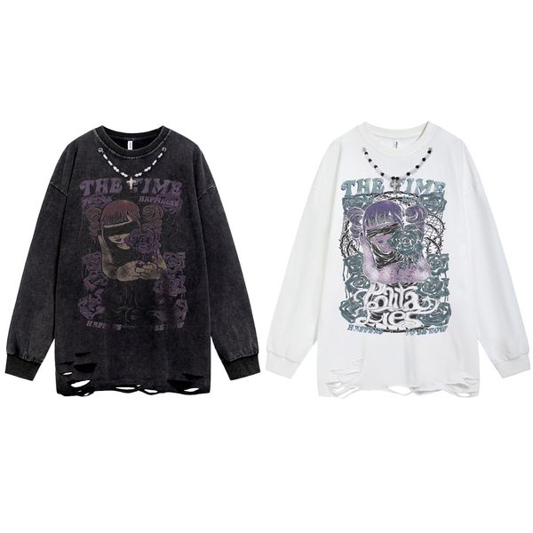 

men's hoodies street hip hop ripped sweatshirt men autumn vintage oversized hoodie mens print straight crewneck, Black