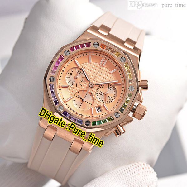 

37mm quartz chronograph womens watch 26236or.yy.d085ca.01 rose gold case champagne dial rainbow diamond bezel rubber strap watches ladies wa, Slivery;brown