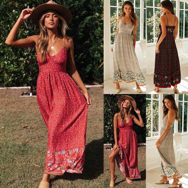 

summer long waist slimming dress womens bohemian v neck strap floral, Black;gray