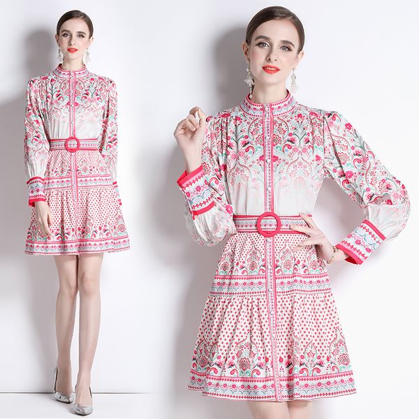 

2023 fashion mock neck floral mini dress long sleeve women v-neck high waist party print dresses fine elegant birthday dinner ladies designe, Black;gray