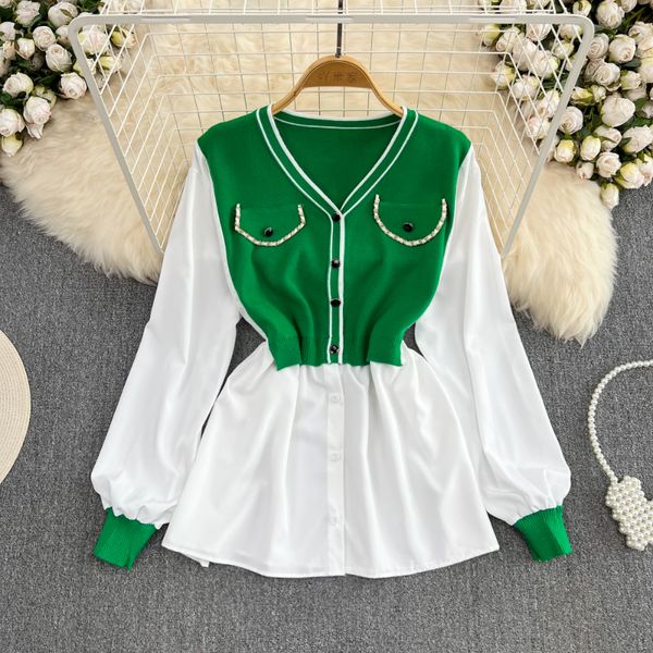 

v neck knit women's blouses contrast color patchwork long sleeve blouses blusas mujer de moda 2023 autumn vintage single-breasted shirt, White