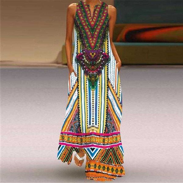 

womens vintage printed long dress v neck sleeveless pocket summer sexy, Black;gray
