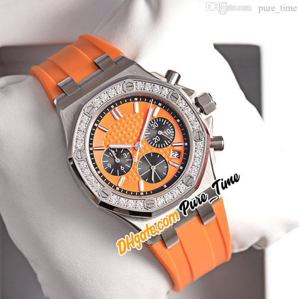 

new 37mm quartz chronograph womens watch 26231st.zz.d070ca.01 steel case orange dial diamond bezel satch orange rubber strap ladies watches, Slivery;brown