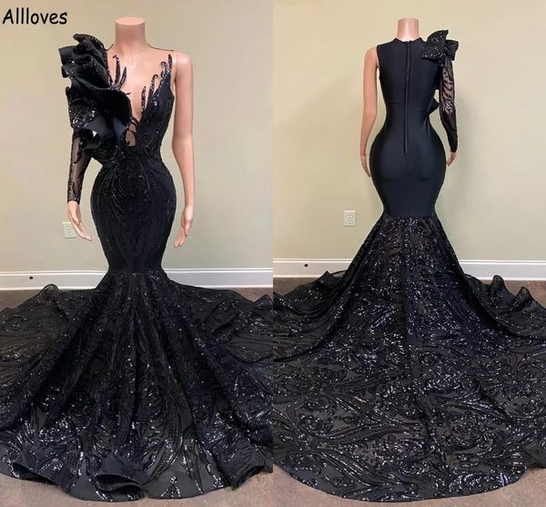 

vintage black sequined lace mermaid evening dresses arabic aso ebi plunging v neck one shoulder ruffles prom party gowns plus size formal oc, Black;red