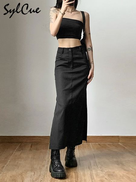 

skirts sylcue simple black split slim versatile light cool thin summer women's mature feminine charm street skirt long 230204