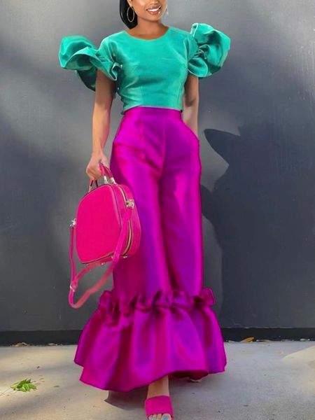 

women's two piece pants women two piece sets party shiny shirts blouses high waist wide leg pants ruffle elegant suits classy summer 2, White