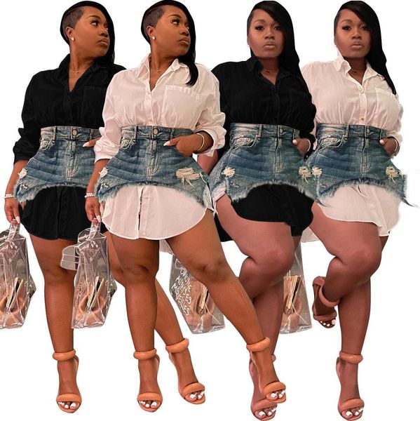 

spring denim combination dress fashion slim cute skirt suit, Black;gray