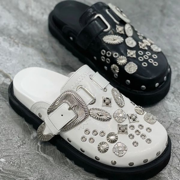 

slippers summer women slippers platform rivets punk rock leather mules creative metal fittings casual party shoes female outdoor slides 2302, Black