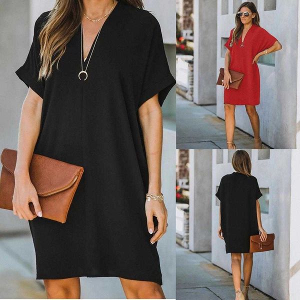 

womens v neck dresses short sleeve solid casual color loose dress for women, Black;gray