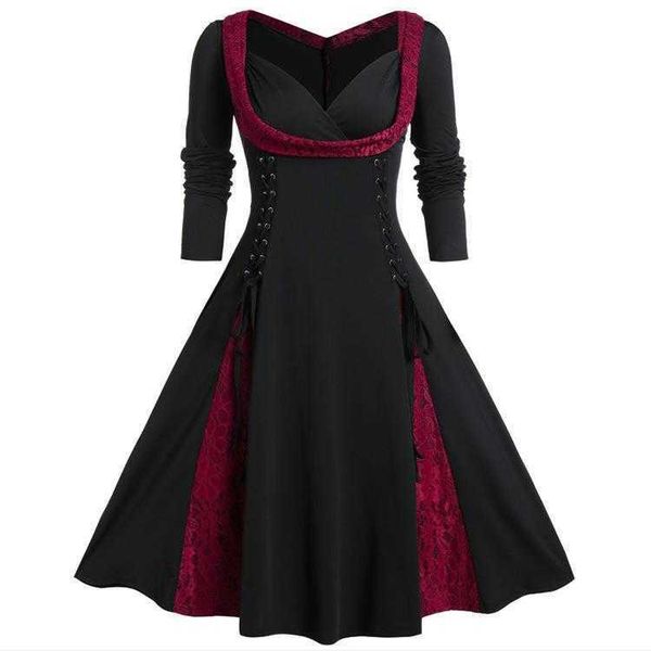 

spring lace stitching long sleeved dress mid length patchwork waist slimming, Black;gray