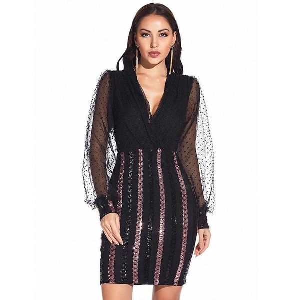 

womens clothing long sleeve dress sequins v neck nightclub skirt, Black;gray