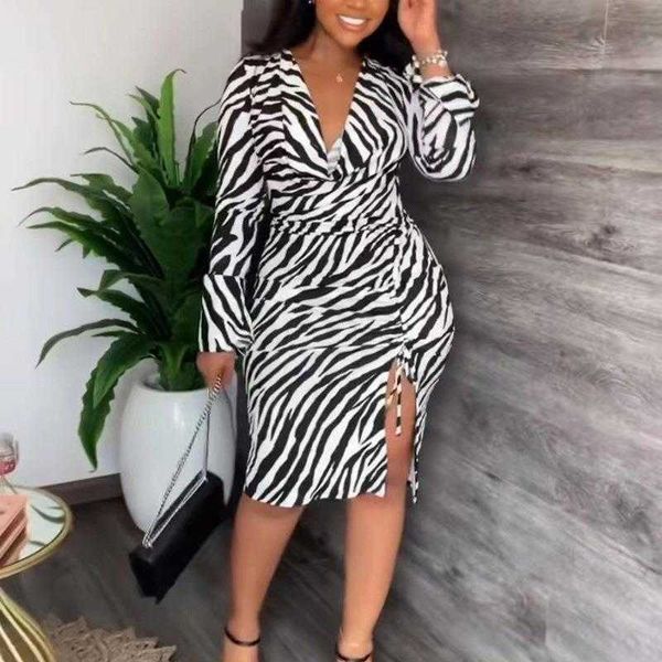 

autumn dress fashion zebra print swing collar split temperament commute, Black;gray