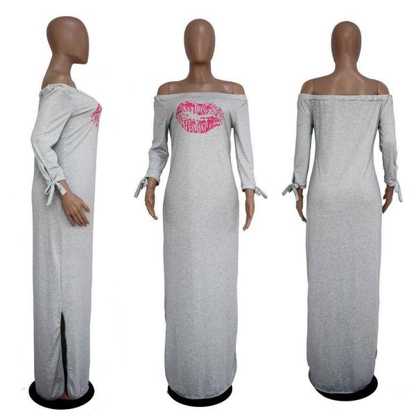 

womens clothing dresses lip printings long sleeve two side slit dress, Black;gray