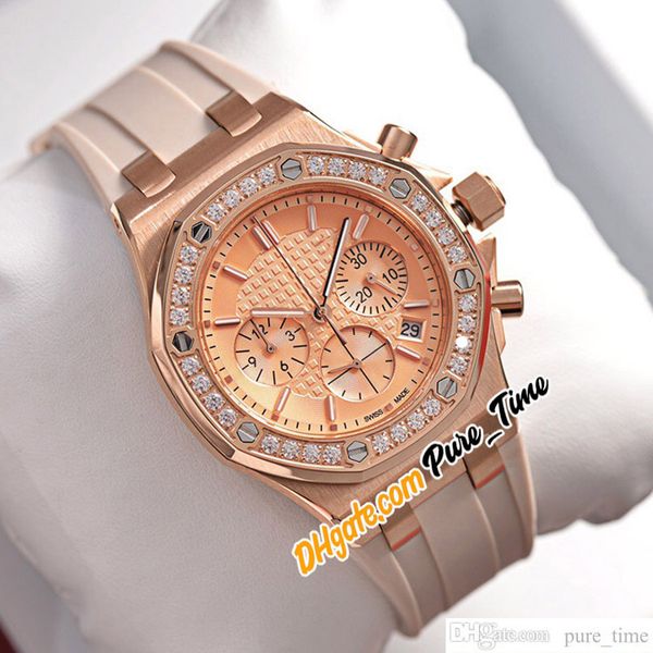 

new 37mm quartz chronograph womens watch 26231st rose gold case champagne dial diamond bezel satch rubber strap ladies watches puretime e127, Slivery;brown