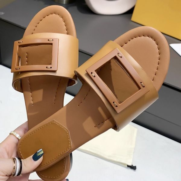 

f letter hollow out genuine leather slippers women 5 colors brown black gold pink yellow lady designer slides mules