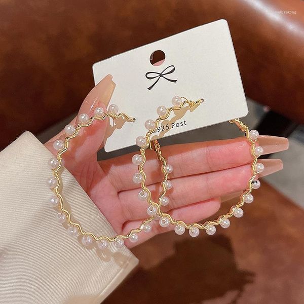 

2023 hoop earrings fashion women's round white pearl korean gold color large circle jewelry no box, Golden;silver