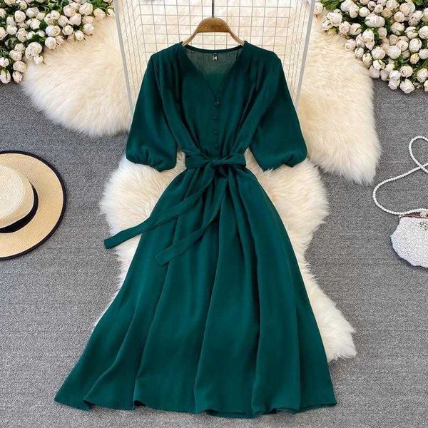 

summer retro dress easy matching elegant v neck waist controlled lace up swing, Black;gray