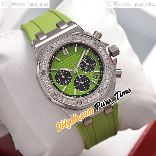 

new 37mm quartz chronograph womens watch 26231st.zz.d038ca.01 steel case green dial diamond bezel satch green rubber strap ladies watches pu, Slivery;brown