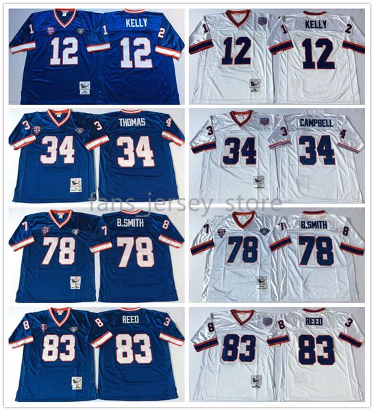

vintage 1994 35th bowl xxv football jerseys mens jim 12 kelly 34 thurman thomas 78 bruce smith 83 andre reed shirt, Black;red