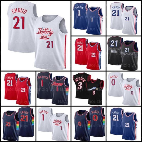 

philadelphias 76er basketball jersey mens 3 6 joel embiid james harden tyrese maxey 21 1 0 allen iverson julius erving grey328w, Black;red