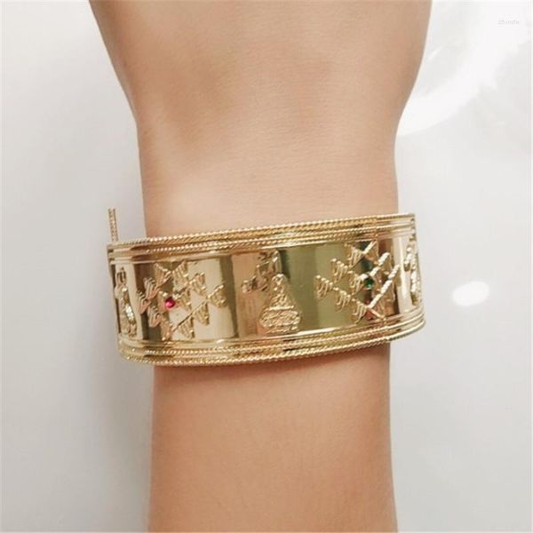 

2023 bangle fashion gift 18k gold bangle bracelet women men engraved badge flag turkish antique gold color cuff wedding bracelets crystal st, Black