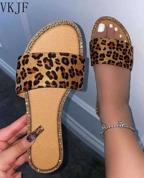 

slippers 2022 summer new flat slippers rhinestone one-line leopard print women's large size snake print beach sandals and slippers g230, Black
